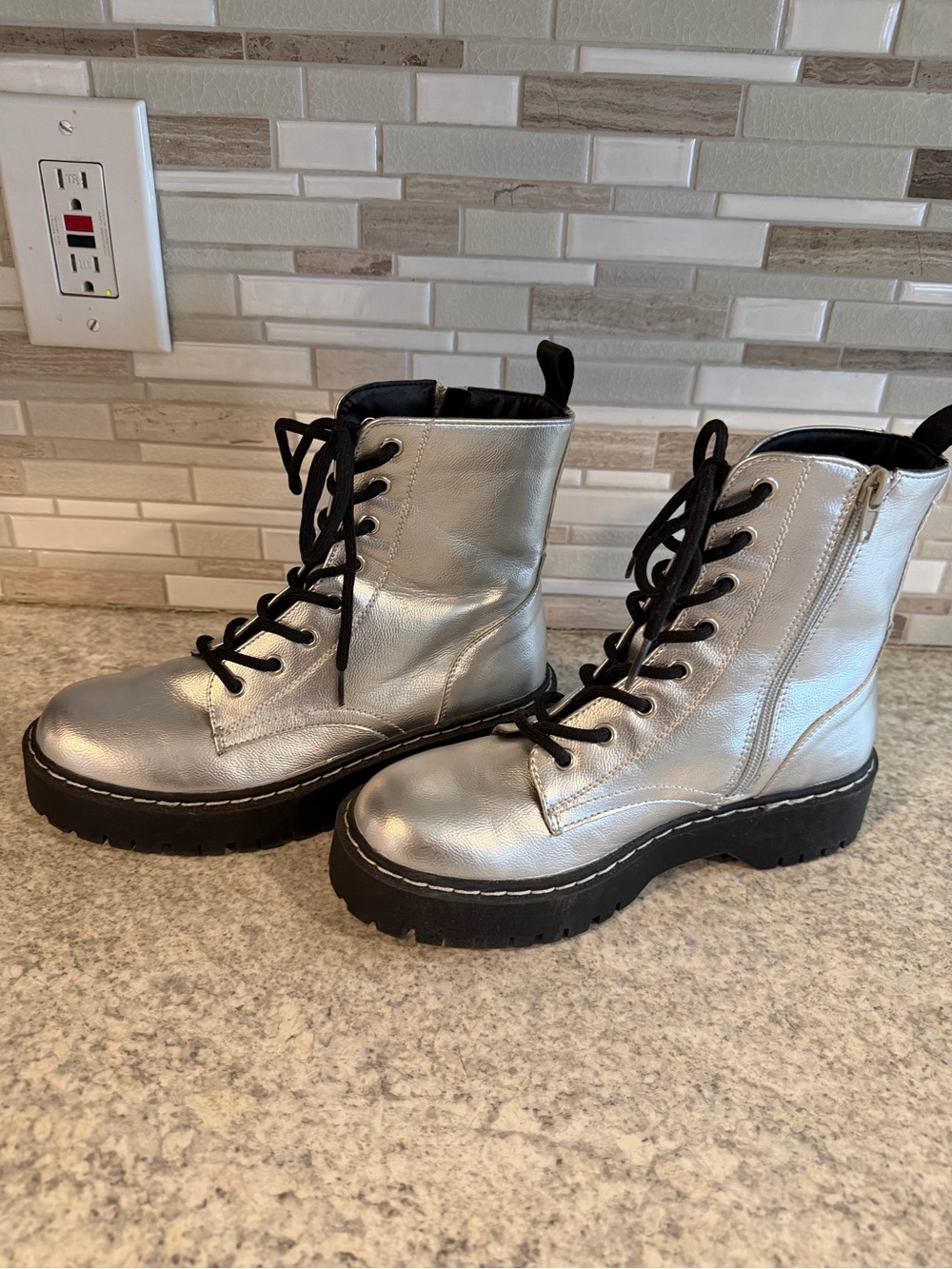 Sincerely Jules Harley Metallic Silver Lace-Up Combat Boots - Women